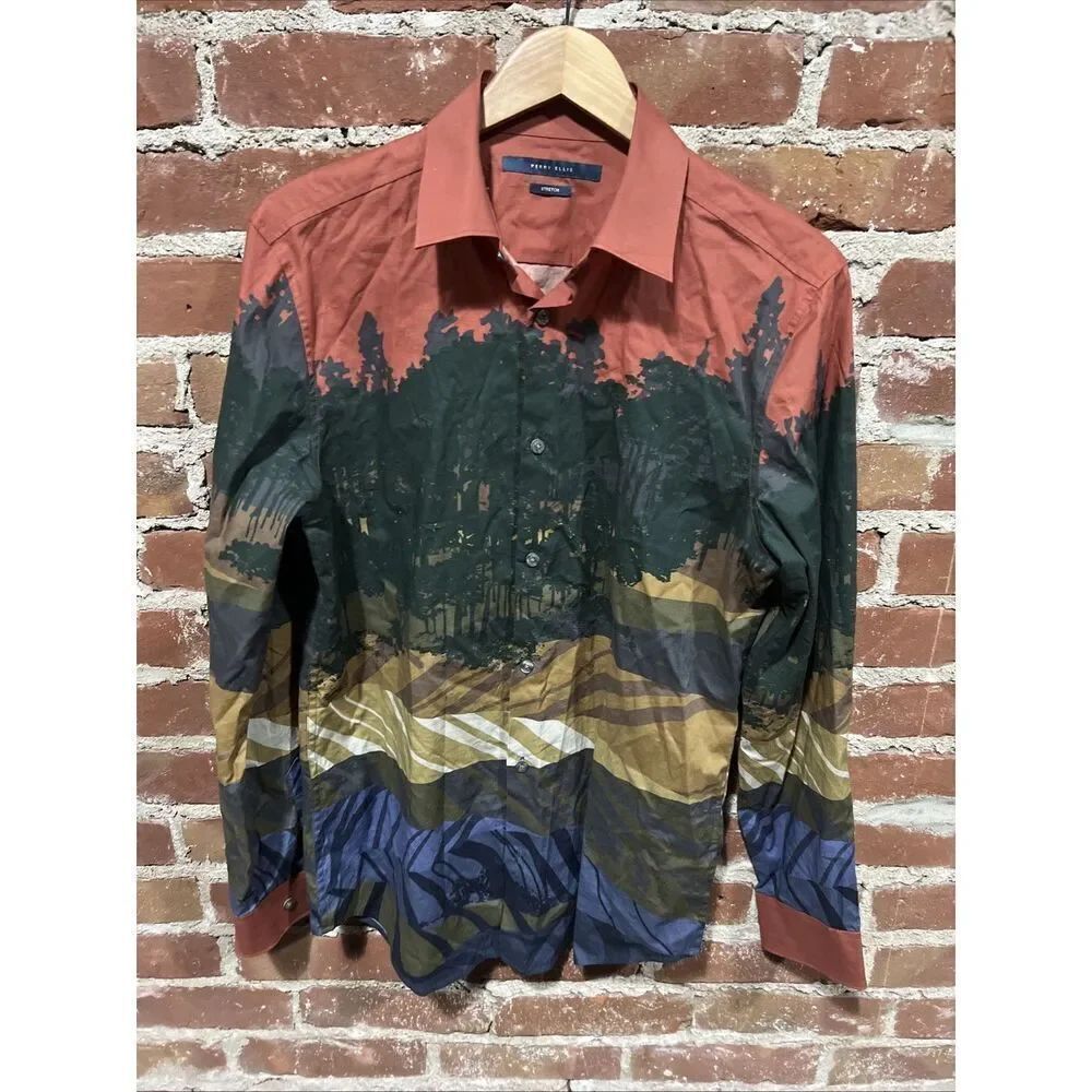 Perry Ellis Landscape Print Shirt Mens Trees Small Stretch Long Sleeve